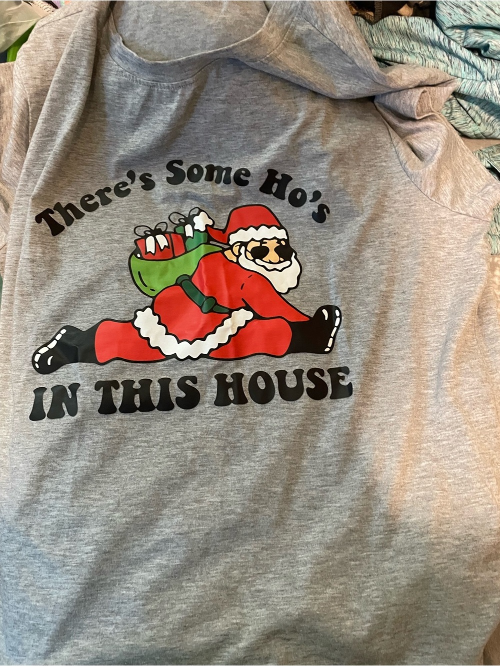 Holiday Santa Graphic Hoodie - Gray with Red and Green